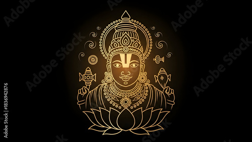 Elegant golden line art of Lord Venkateswara adorned with divine emblems on a dark backdrop embodying sacred grace, spiritual reverence, and celestial presence