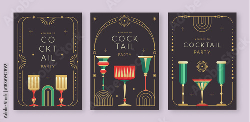 Set of holiday Christmas and New Year cocktails and champagne glasses. Vector illustration