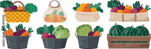 Colorful baskets of fresh fruits and vegetables including carrots, beets, cabbage, oranges, greens, and watermelons in market-style containers