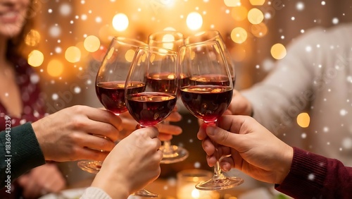 Close up of four friends toasting with red wine glasses during a festive celebration with bokeh lights and falling snow in the background, creating a warm and joyful holiday atmosphere