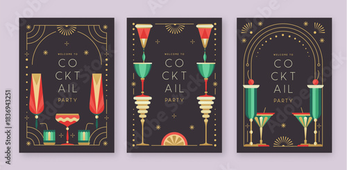 Set of holiday Christmas and New Year cocktails and champagne glasses. Vector illustration