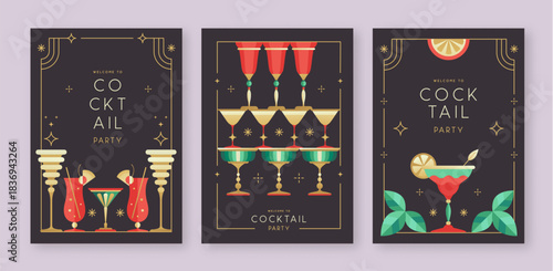 Set of holiday Christmas and New Year cocktails and champagne glasses. Vector illustration