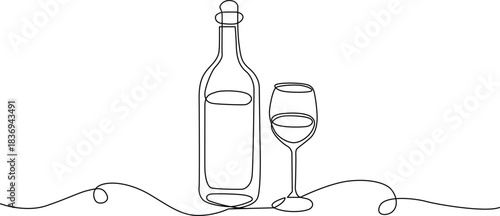 Continuous line art of wine bottle and glass, elegant minimalist drink icon Vector