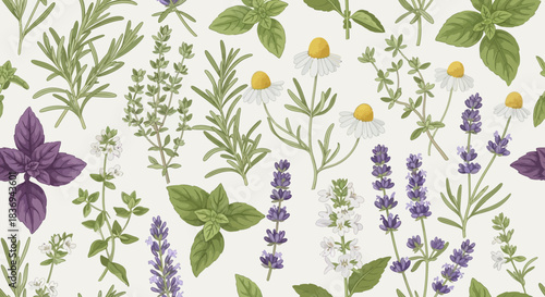 Vintage botanical seamless pattern with culinary herbs and medicinal plants illustration
