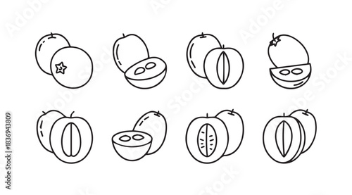 Hand drawn sketch fruit collection featuring whole and halved plums and peaches various angles vector