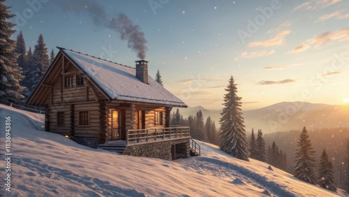 Cozy wooden cabin in a snowy landscape at sunset, peaceful atmosphere, winter retreat, copy space