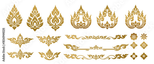 Golden vintage Thai decoration elements featuring traditional flame motifs lotus ornaments floral symbols and elegant cultural borders suitable for luxury branding design