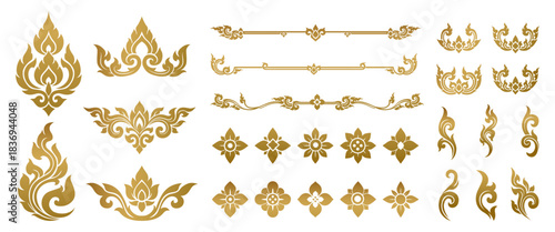 Thai decoration elements design collection featuring traditional Kanok patterns lotus ornaments floral symbols elegant borders corner motifs and cultural decorative assets perfect for luxury branding 