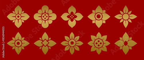 Traditional Thai flower icon collection featuring gold decorative motifs on red background suitable for cultural design projects ornamental patterns branding elements packaging decoration