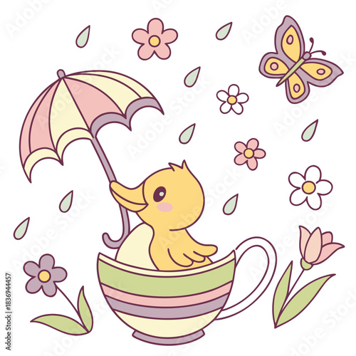 Blooming Renewal colored Duck with a Silly touch, placed in a Spring theme and styled with in a teacup