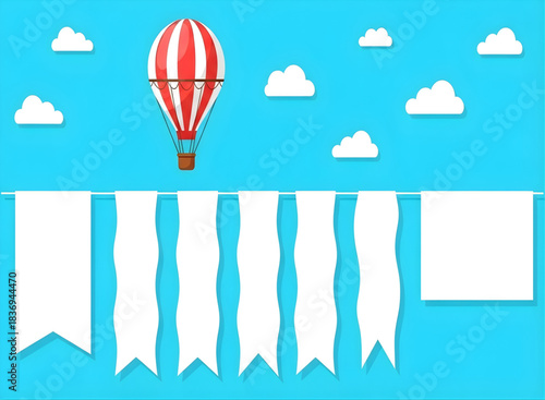 Hot air balloon with blank banners and clouds