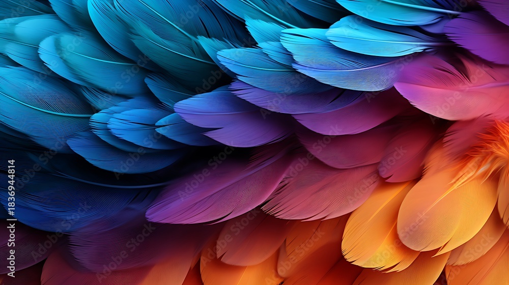 Naklejka premium Colorful Feathers Gradient Abstract Background Texture with Blue, Purple, and Orange Bird Plumage