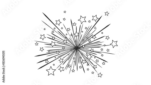 Stylized burst graphic with radiating lines and scattered outline stars isolated on white background, Vector