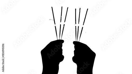 Black silhouette hands holding bright sparkling celebration sticks on white isolated on white background, Vector