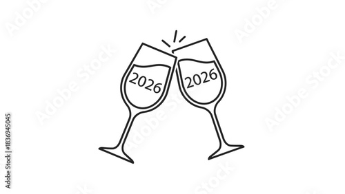 Line art of toasting glasses with 2026, new year celebration, anniversary isolated on white background, Vector