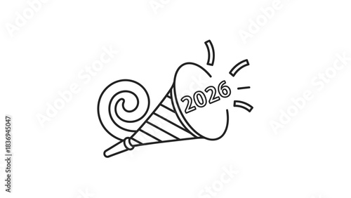 New year 2026 party horn outline drawing, festive celebration icon design isolated on white background, Vector
