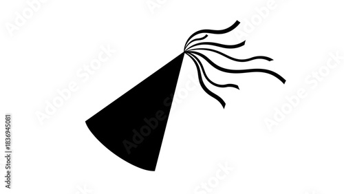 Simple black party hat icon with streamers, festive celebration graphic isolated on white background, Vector