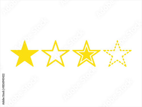 Golden four star rating vector icons set for review feedback, quality evaluation score, achievement badge, success symbol, graphic design