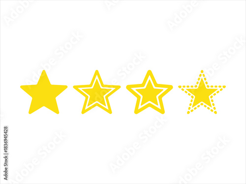 Golden four star rating vector icons set for review feedback, quality evaluation score, achievement badge, success symbol, graphic design