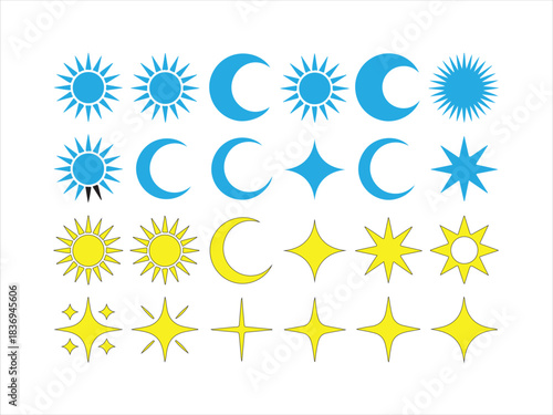 Vector set of linear icons and symbols - stars, moon, sun - abstract design elements for decoration or logo design