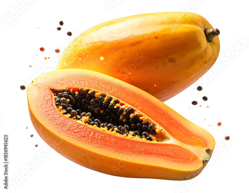 Whimsical 3D Papaya Duo with Floating Seeds & Tropical Sparkles