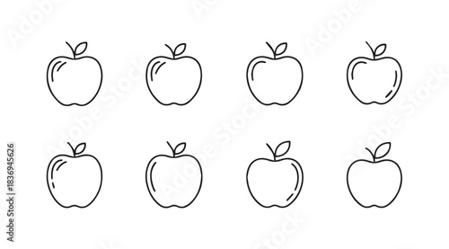 Collection of eight hand-drawn apple icons in a sketchy organic style perfect for organic food branding vector