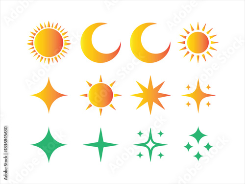 Vector set of linear icons and symbols - stars, moon, sun - abstract design elements for decoration or logo design