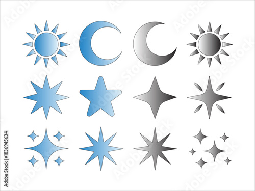 Vector set of linear icons and symbols - stars, moon, sun - abstract design elements for decoration or logo design