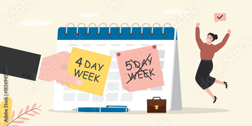 4 or 5 Day Work Week. Prioritise working smarter to produce better. Boss hand give 4 day model for happy female employee. Reduce working day to increase efficiency and productivity