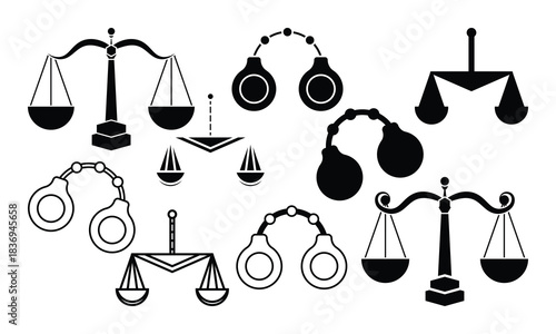 Justice Scale and Handcuff Icon Set – Law Balance Symbols and Police Restraints in Black and White