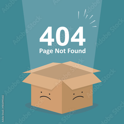 Error 404, page not found. Opened cardboard box with warning sign. Internet page repair, website information restoration and update. Wallpaper template