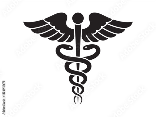 Medical symbol, caduceus. Black caduceus medical symbol with wings and snakes silhouette vector illustration