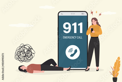 Woman lost consciousness, her friend called 911. mobile phone with 911 emergency call on screen. Support 24 7, concept. Customer service. Emergency call, Hotline, help desk.