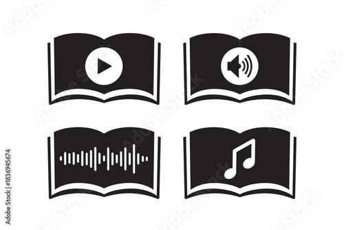 Audiobook icons collection. Audio books with various signs set. Audiobook logo isolated on white background. Monochrome design.