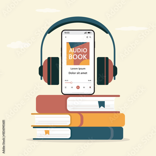 Audio books. Giant headphones, smartphone with ebooks. Concept of electronic library, distance learning, education. Mobile phone playing an audiobook. Digital online books app