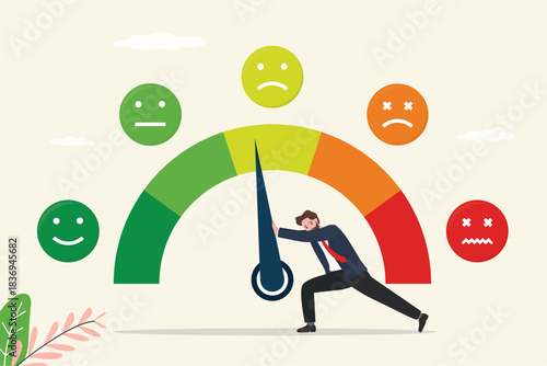 Stress level meter, scale emotions, mood. Unhappy man push arrow and want overcome obstacles, positive thinking change mood. Fight with frustration, stress