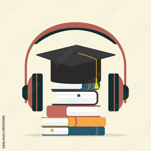 Audio books for online education and learning. Headphones, stack of books and graduation hat. Technology of listening audio book. Internet library app,