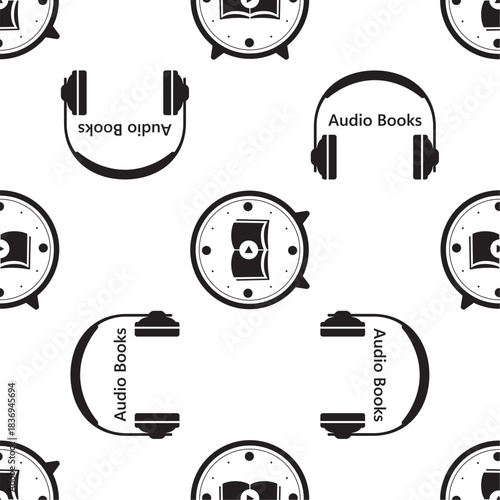 Seamless pattern with book in alarm clock and headphones icons. Black signs isolated on white background. Audio books listening time, texture pattern. monochrome wallpaper