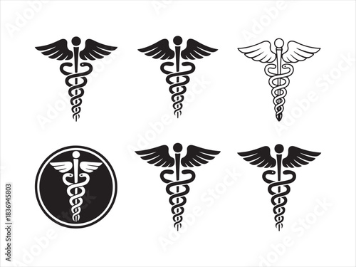 caduceus symbol set, caduceus medical silhouette vector set black and white illustration
