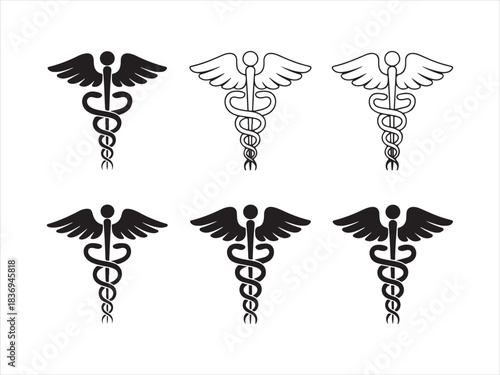 caduceus symbol set, caduceus medical silhouette vector set black and white illustration
