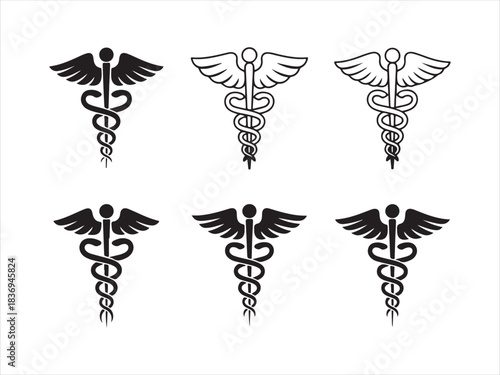 caduceus symbol set, caduceus medical silhouette vector set black and white illustration
