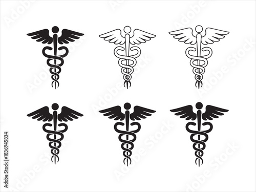 caduceus symbol set, caduceus medical silhouette vector set black and white illustration
