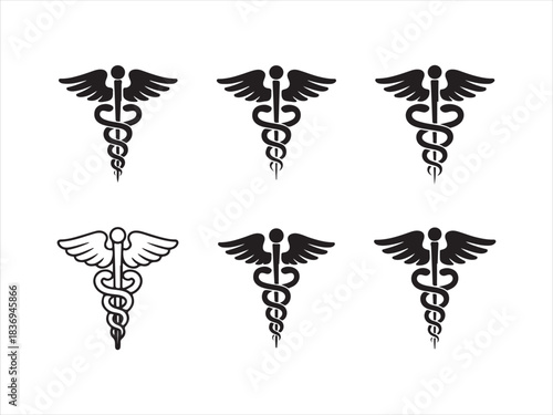 caduceus symbol set, caduceus medical silhouette vector set black and white illustration
