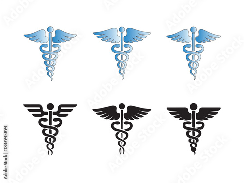 caduceus symbol set, caduceus medical silhouette vector set black and white illustration
