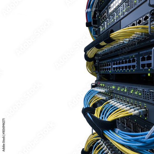 Organized network cables and server racks in a modern data center