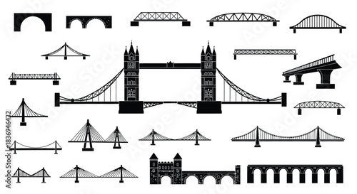 Collection of iconic bridges and architectural structures in black silhouette