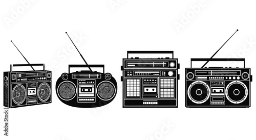 Vintage boomboxes in a row, black and white illustration