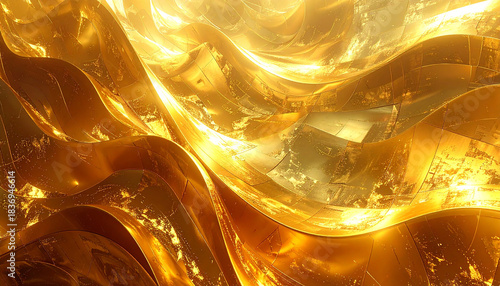 Abstract golden waves with textured metallic surface and bright light reflections wavy