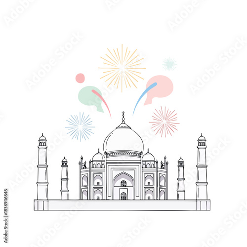 The Taj Mahal glowing softly under colorful New Year fireworks