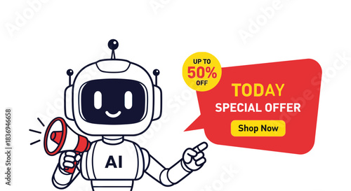 Cute AI robot announcing special offer with discount